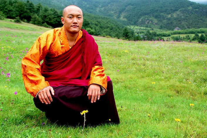 a Buddhist monk with shaved head sitting in a grassy meadow