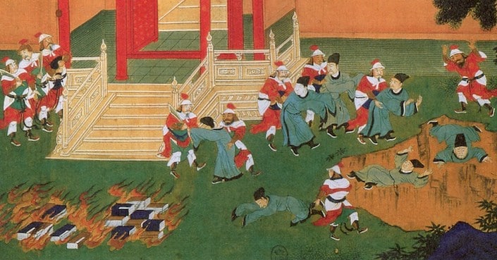 a traditional Chinese painting showing books being burned and Chinese Confucian scholars being thrown into a pit