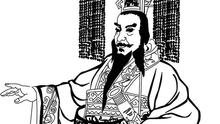 a black and white ink drawing of a Chinese emperor gesturing in front of him with one hand
