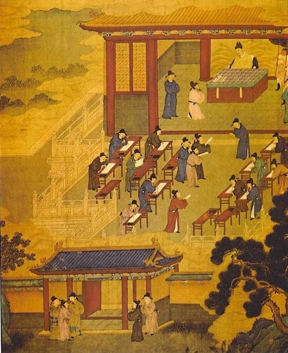a traditional painting showing Chinese examination candidates taking the imperial examination