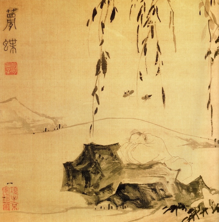 the Taoist philosopher Zhuang Zhou sleeping on a rock and dreaming that he is a butterfly while two butterflies fly overhead