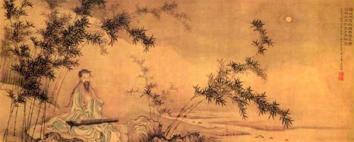 an ancient style Chinese painting showing a man playing a traditional instrument underneath a stand of bamboo