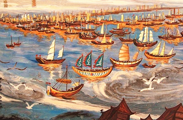 a painting of ancient ships sailing on the sea with seagulls flying in the foreground