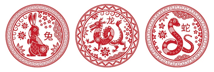 Circular red pictures of Chinese zodiac animals (rabbit, dragon and snake)