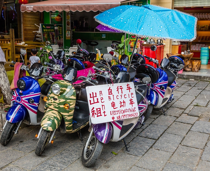 motorbikes for rent on the street in Yangshuo, China