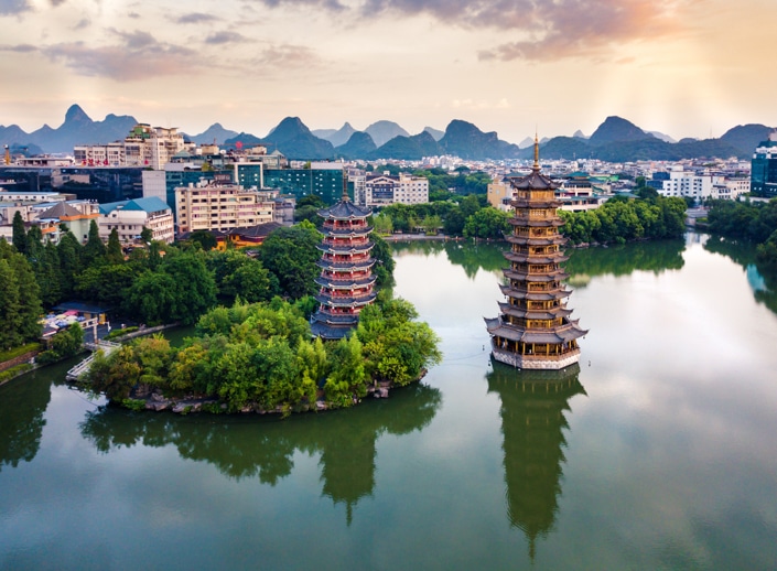 the Sun and Moon Pagodas in downtown Guilin, China