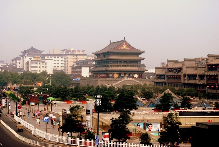 a mix of ancient and modern buildings in Xi'an, China