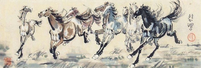 a traditional Chinese painting of a group of horses galloping