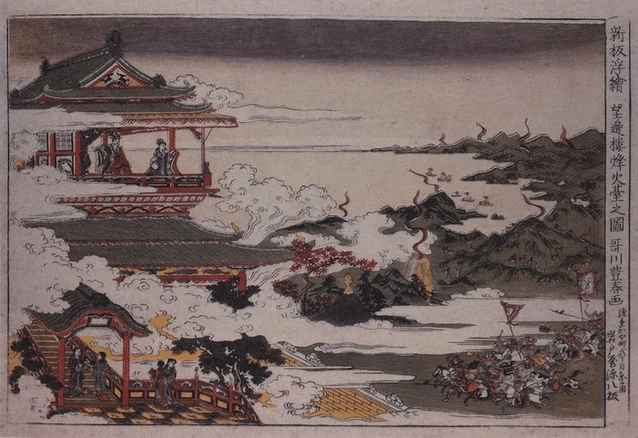 a traditional Chinese painting showing a group of soldiers on horseback riding towards a pagoda