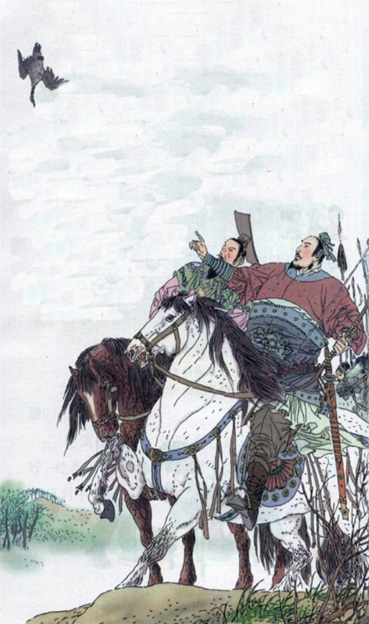 a Chinese aristocrat on horseback pointing up at a bird falling from the sky