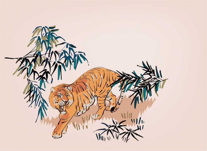 a graphic showing a tiger roaring amongst bamboo plants