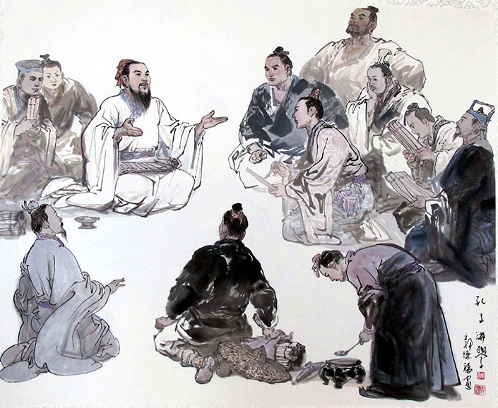 Traditional Chinese painting depicting Confucius holding class with his pupils