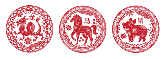circular traditional Chinese designs depicting three Chinese zodiac animals