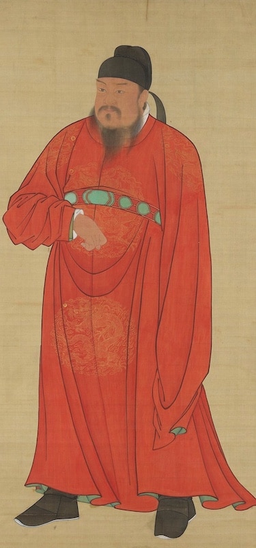 a painting of Emperor Gaozu of the Tang dynasty wearing a red robe