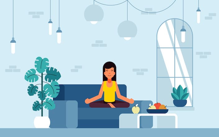 a graphic of a woman in a modern interior setting sitting on a blue sofa in a meditation pose