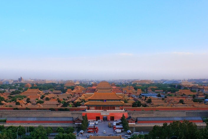 an aerial view of the Forbidden City in Beijing at dusk