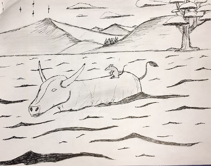 a pencil drawing of an ox crossing a river with a rat on its back