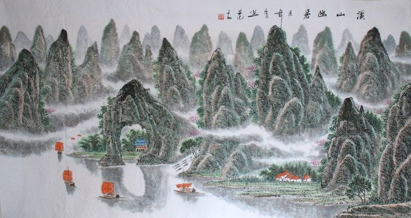 Chinese style painting of Guilin's karst mountains and river with boats