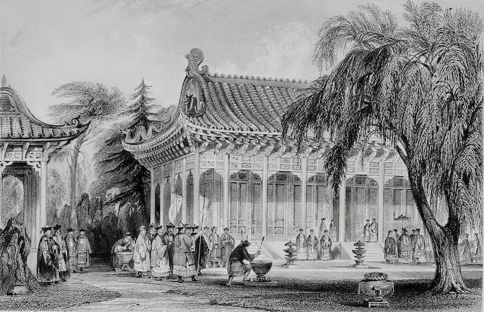 a black and white drawing of traditional Chinese buildings