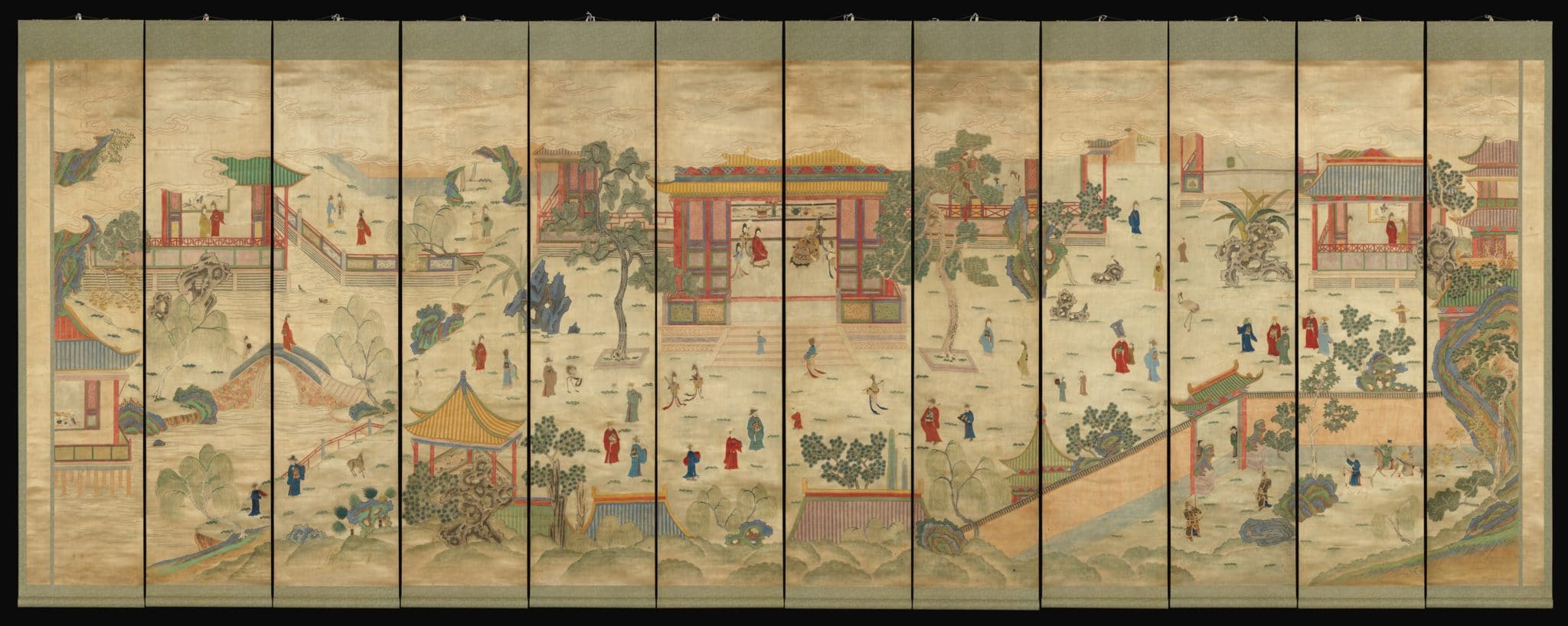 a traditional Chinese painting showing a scene featuring buildings, trees and people