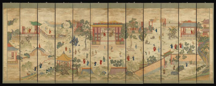 Chinese painting of scene featuring ancient buildings and people