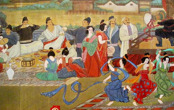 a painting of a group of Chinese and foreign people watching women dancing