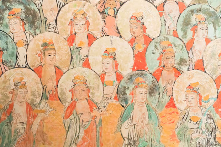 a Tang dynasty mural depicting Buddhist figures