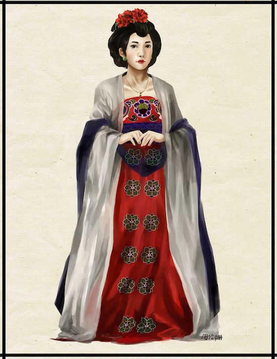 a Tang dynasty woman wearing red and grey robes