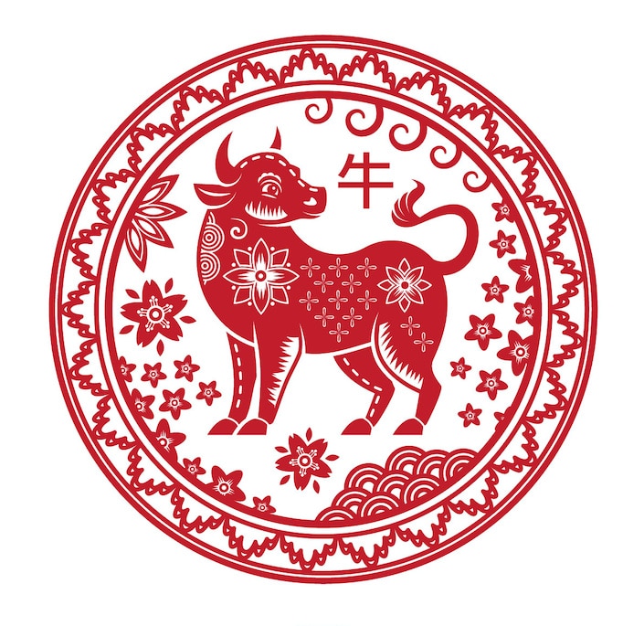 a red Chinese paper cut design in red featuring an ox and the Chinese character for ox