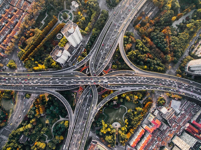 a crisscrossing, multilane highway seen from above