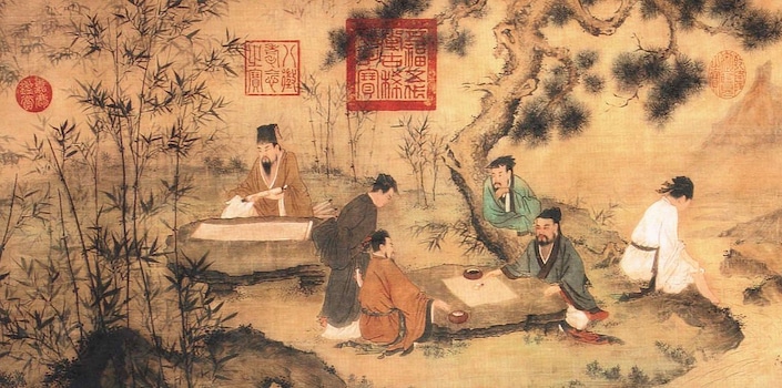 an ancient Chinese painting showing several scholars sitting under pine trees with bamboo in the foreground