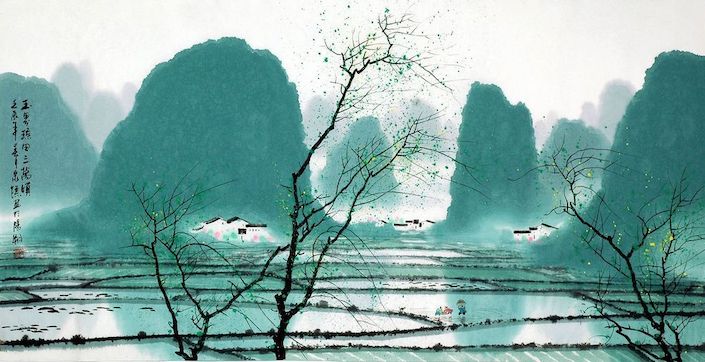 a traditional painting showing Guilin's karst mountains with flooded rice paddy fields and some trees in the foreground