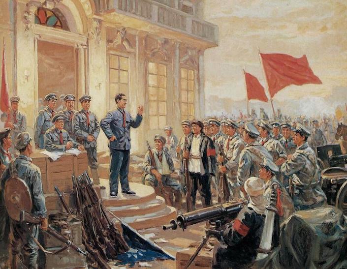a drawing of Chinese army leaders standing on the steps outside a building and addressing a crowd of revolutionaries, two of whom are carrying red flags