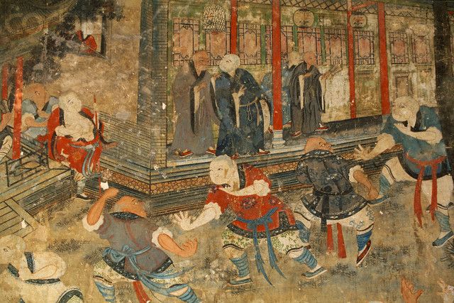 an ancient painting of Shaolin monks practicing Chinese kung fu