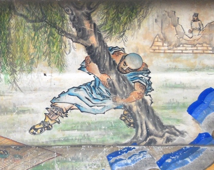 water painting of chinese man uprooting a tree