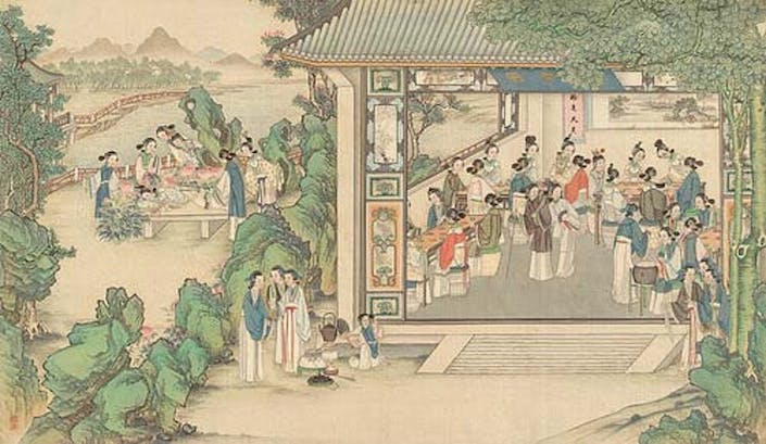 painting of chinese high society congregating in a hall