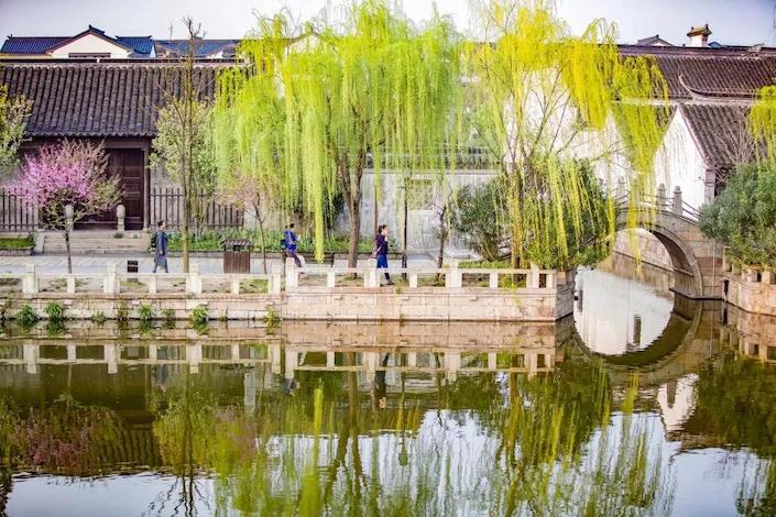 springtime in wuzhen with canal in foreground and stone walkway in background with spring trees